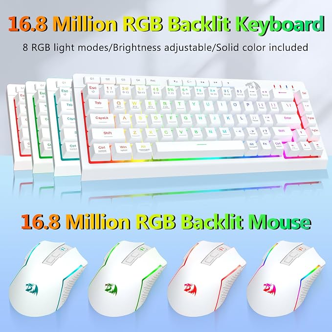 Redragon Wireless Gaming Keyboard and Mouse Combo, 60% Portable, White | Bluetooth/2.4G/USB-C Wired, RGB Backlit, Quiet Rechargeable Macro Membrane Keyboard & 12800 DPI Mouse for Win/MAC