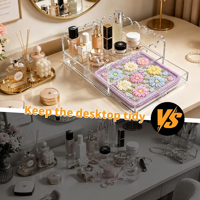 Scalloped Acrylic Tray with Drawer, Clear Acrylic Decorative Organizer Tray for Needlepoint, Jewelry, Photos, Art, Fabric, Napkins, Vanity, Desk, Coffee Table and Craft Storage