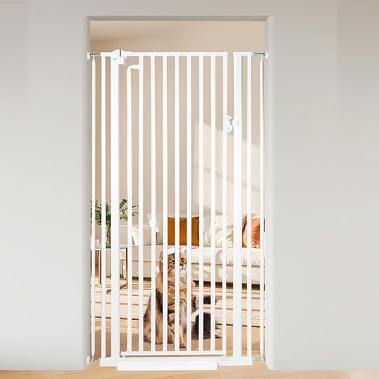 59“ Extra Tall Cat Gate for Doorway：29.4-33.4” Wide Pet Gate, Auto Close/One Handed Open, 1.34” Extra Small Gap, No Drill Pressure Mount Tall Cat Gate for Interior Stairs/Kitchens/Hallways (White)