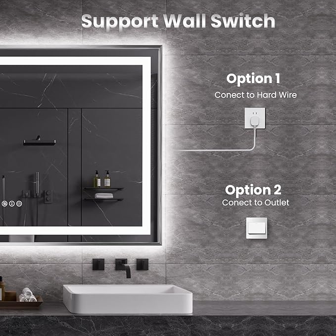 Amorho 72"x 36" LED Bathroom Mirror, Brushed Nickel Framed Mirror with Front Light and Backlit, Stepless Dimmable, Anti-Fog, Shatter-Proof, Memory, 3 Colors