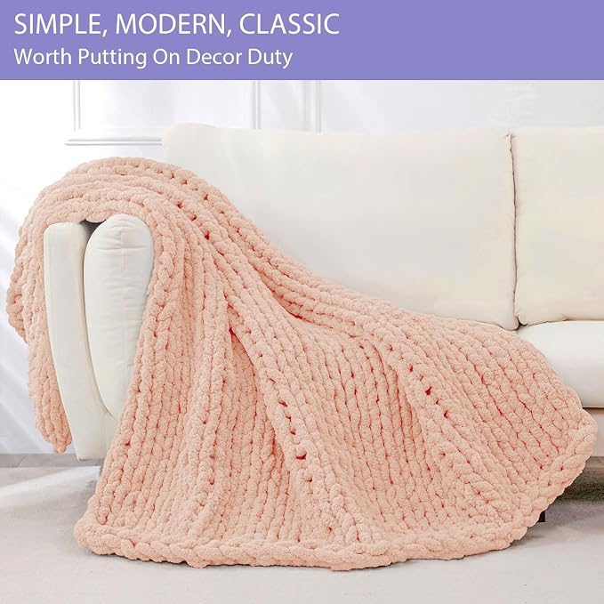 Bigacogo Chunky Knit Throw Blanket for Couch, 40x60 inches, Peach Fuzz | Hand Knit with Jumbo Chenille, Soft Breathable Cable Knit for Sofa Bed Living Room, Machine Washable, Gift for Mom Friend