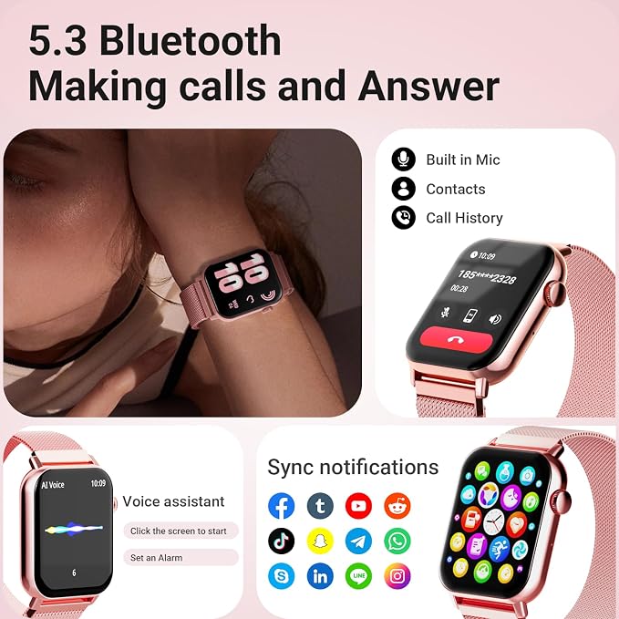 Trendia Smart Watches for Women - 1.83'' HD 2026 Fitness Tracker with Answer and Make Calls with Heart Rate Sleep SpO2 Monitor 120+ Sport Modes IP68 Waterproof and Compatible iPhone and Android Pink