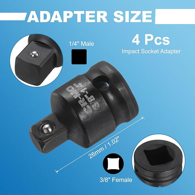 HARFINGTON 4pcs Impact Socket Adapter 3/8" Female to 1/4" Male Square Drive Reducer Standard SAE CR-MO Steel Converter Impact Driver Ratchet Wrench Breaker Bar Conversion, Black