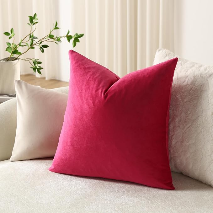 Euro Sham Covers 26x26 Hot Pink: Pack of 2 Cozy Soft Velvet Square Modern Luxury Decorative Throw Pillow Cases for Sofa Couch Living Room Bed Home Decor