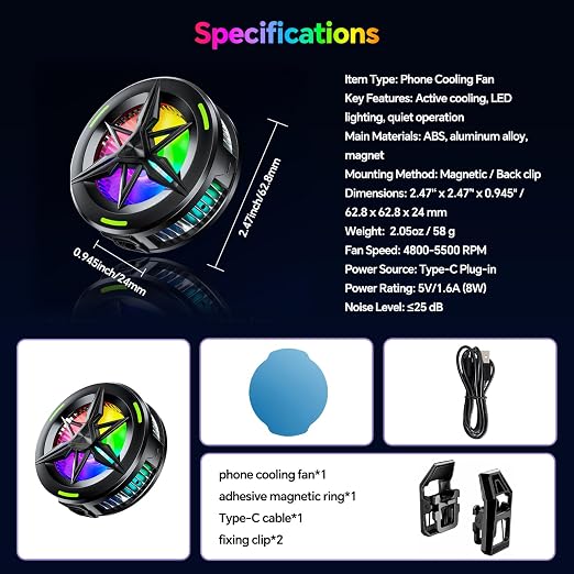 2-in-1 Magnetic & Clip-On USB Phone Cooler for Gaming, Semiconductor Cell Phone Cooling Fan Radiator for iPhone/Android/iPad/Tablet – Ideal for Gaming, Video Calls, Live Broadcasting, and Vlog