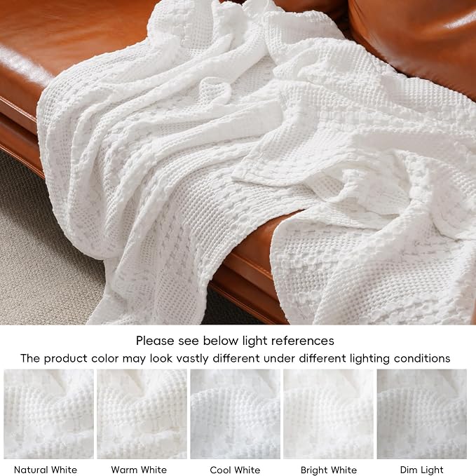 PHF 100% Cotton Waffle Weave Blanket Queen Size, Lightweight Breathable Summer Blanket for Hot Sleepers, Pre-Washed Soft Layer for Bed, Couch, Aesthetic Home Decor & Gift, 90"x90", White