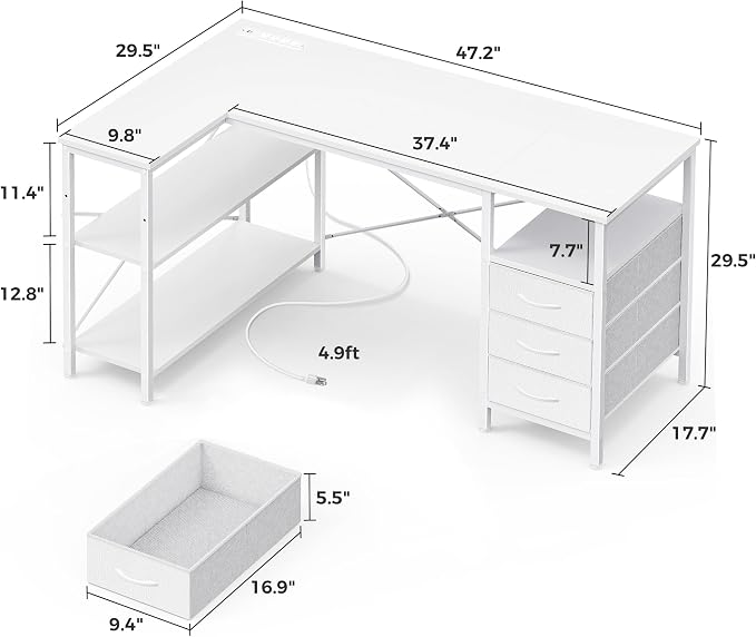 Huuger L Shaped Office Desk with Power Outlets, 47 Inch Computer Desk with 3 Drawers, Shelves, for Gaming, Corner Work, Home Office, Study, White