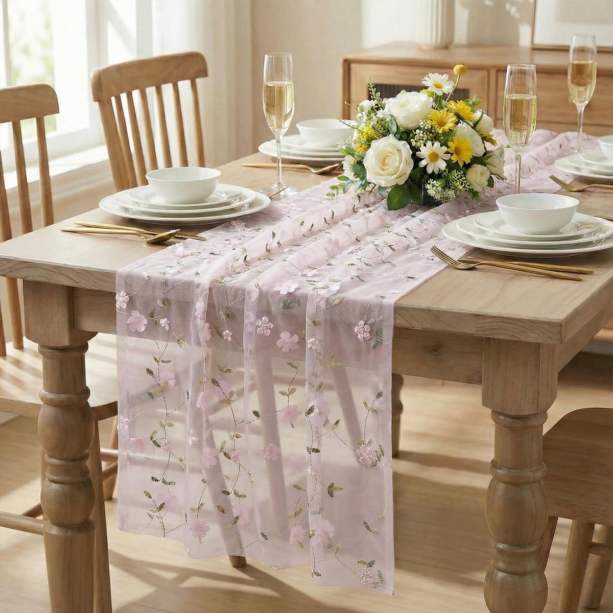 Artoid Mode 3D Flower Pink Gauze Embroidery Table Runner 120 Inch 10FT, Tulle Seasonal Spring Kitchen Dining Holiday Table Decor for Home Party
