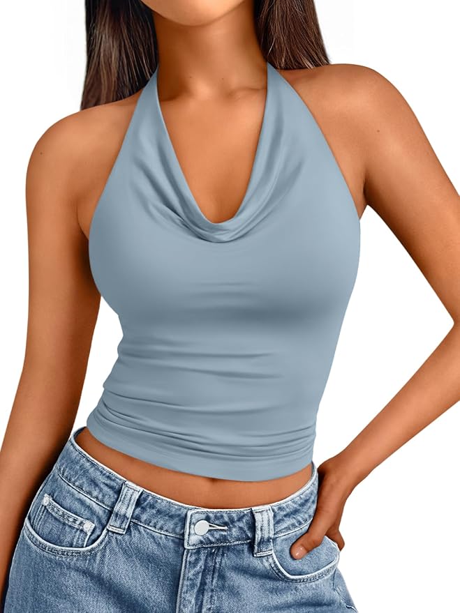 Trendy Queen Halter Tops for Women Going Out Summer Top | Cowl Neck Shirts, Sexy Backless, Fashion Y2K Clothes, Perfect for Party, Club, Vacation, Pair with High-waisted Bottoms