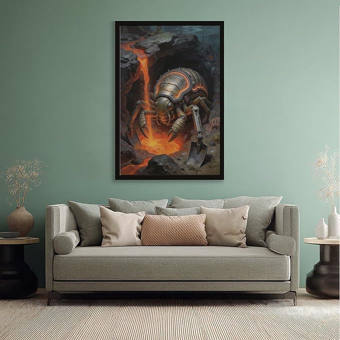 Framed Steampunk Mechanical Trilobite Wall Art - Volcanic Underwater Retro Poster for Garage Apartment Decor 12x18in