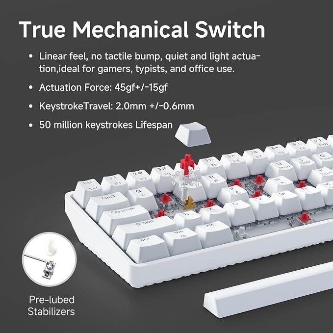 TMKB 60% Mechanical Gaming Keyboard, Red Linear Switch, Wired, White | LED Backlight, Anti-Ghosting, Detachable USB-C, Double-Shot Keycaps, 61 Keys