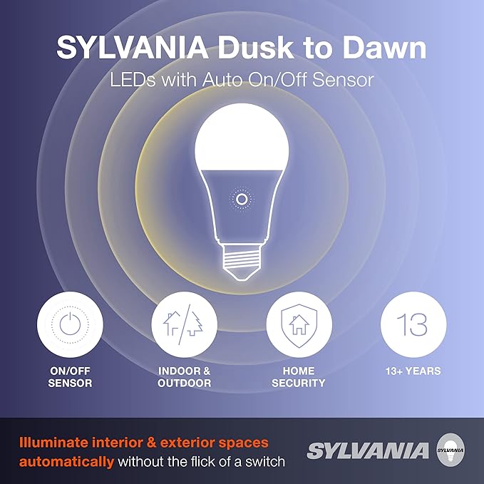Sylvania Dusk to Dawn A21 LED Light Bulb with Auto On/Off Light Sensor, 100W=13W, 1500 Lumens, 5000K, Daylight - 6 Pack (41293)