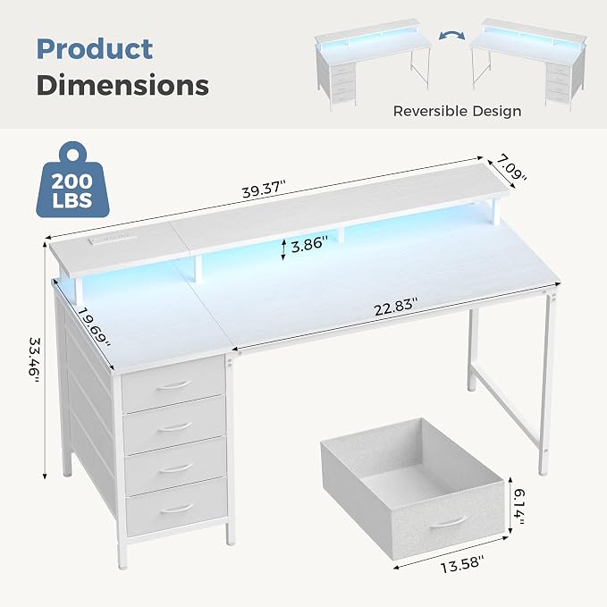 DUMOS 40-Inch Gaming Desk with Power Outlets and LED Lights, White | Computer Desk with 4 Storage Drawers, Home Office Desk with Monitor Stand, Small Desk for Bedroom Study
