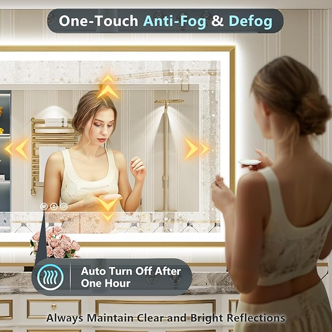 72x36 Gold Beveled LED Bathroom Mirror with Lights, Brushed Gold Framed Backlit and Front Lit Anti-Fog Lighted Vanity Mirrors for Bathroom Wall, Dimmable, 3 Colors, Memory, HD Tempered Glass