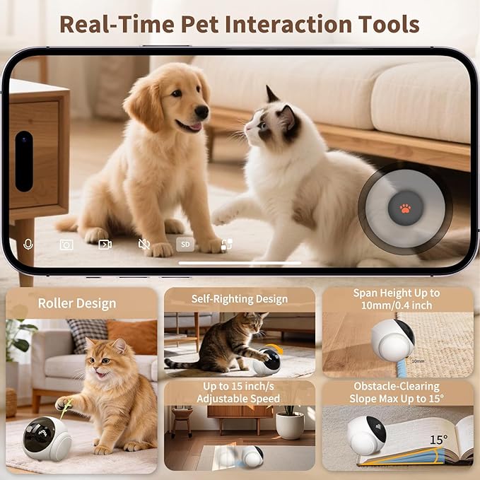 1080P Moving Pet Robot Camera, Smart Home Security Robot with Auto Tracking, Night Vision, 2-Way Audio, Auto-Recharge, Motion Alerts, App Control for Pet, Baby & Elderly Care
