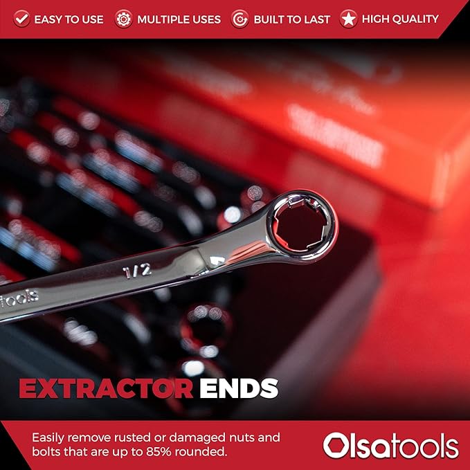 Olsa Tools 6pc Box End Wrench Set, 45-Degree Offset, Chrome Vanadium Steel, Includes Organizer Tray