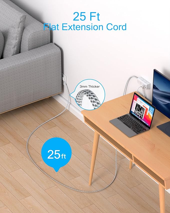 25 Ft Extension Cord with Multiple Outlets - One Beat Flat Plug Power Strip Surge Protector with 25 Ft Long Cord, 6 Outlet 3 USB Ports (1 USBC), Multi Outlet Wall Plug Home Office Dorm Room Essentials