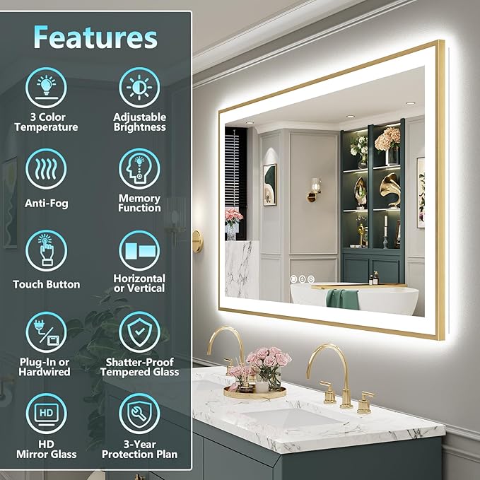 50x40 Gold LED Bathroom Mirror with Lights, Brushed Gold Framed Backlit and Front Lit Anti-Fog Lighted Vanity Mirrors for Bathroom Wall, Dimmable, 3 Colors, Memory, HD Tempered Glass, CRI＞90