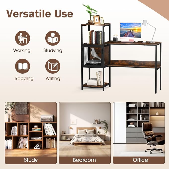 Giantex Computer Desk with Bookshelf, Modern Computer Workstation Home Office Desk with Storage Cabinet & Shelves, Metal Frame, Study Writing Desk for Small Space, Bedroom, Rustic Brown