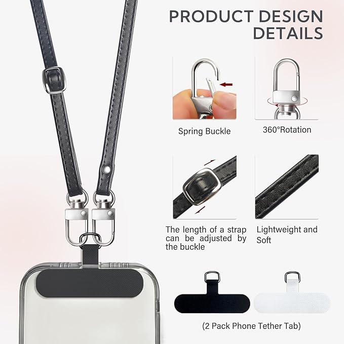 Crossbody Phone Strap with 2 Pads, Leather & Adjustable Finger Strap - Compatible with Most Smartphones (Black)