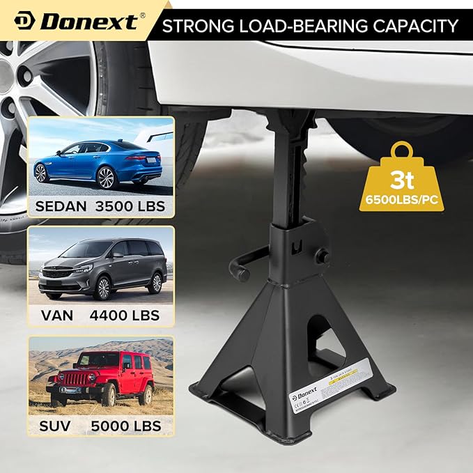 Donext Jack Stands 3 Ton (6,500 lb) Capacity Steel, 1 Pair Black Lifting Stand Adjustable Jack Stands