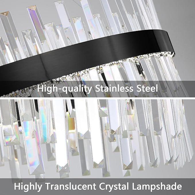 Glam Crystal Chandelier Large Ring Chandeliers with Remote Dimmable LED Light Adjustable Hanging Lights Luxury Ceiling Pendant Lighting Fixtures for Living Dining Bedroom Foyer Black Light