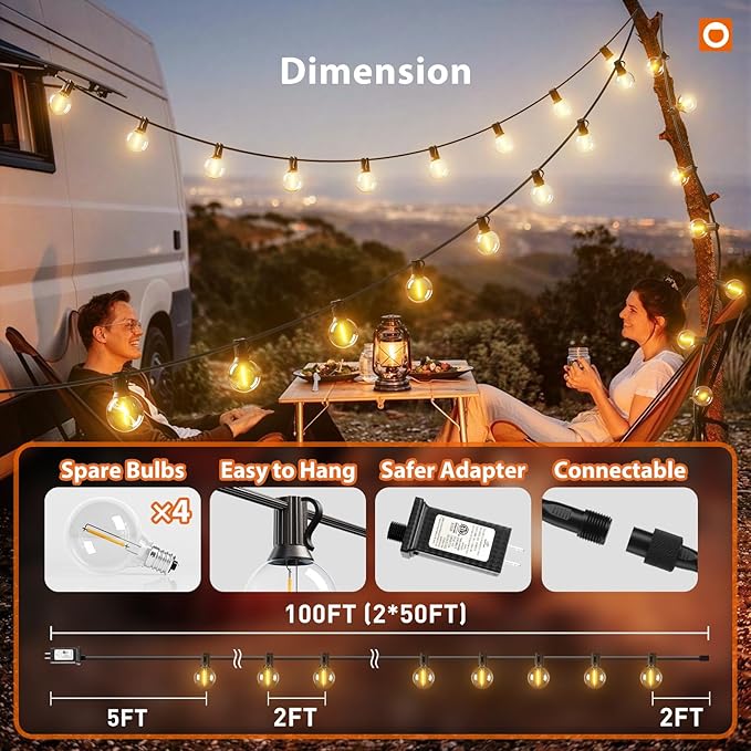 addlon Outdoor String Lights 100FT G40 with Remote 54 LED Shatterproof Bulb | Dimmable Patio Globe Lights Waterproof, Hanging Outside Lighting for Backyard, Garden, Deck, Balcony, Porch, Café, Decor