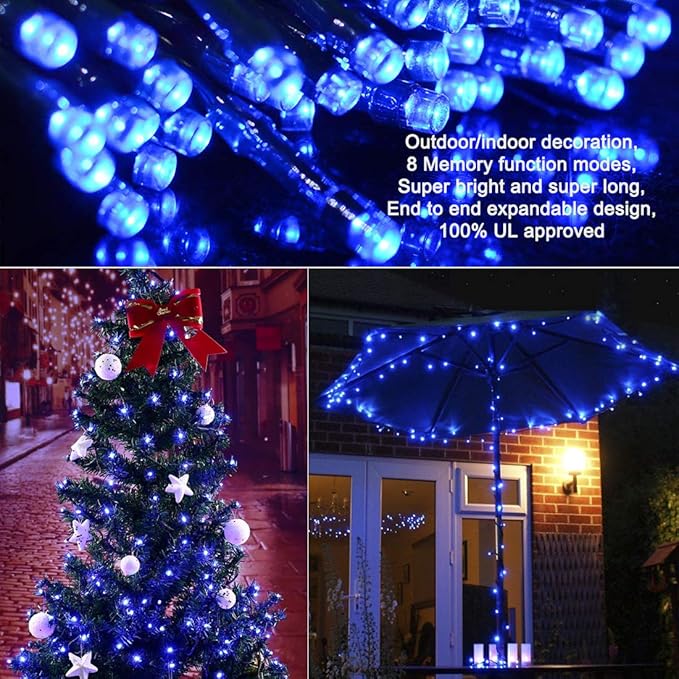 Christmas Tree Lights Blue - 220 LEDs 82ft/25m 8 Modes End-to-End Plug in Outdoor Waterproof Decorative Fairy Twinkle Halloween Indoor String Lights for New Year/Wedding/Thanksgiving Day/Home/Room