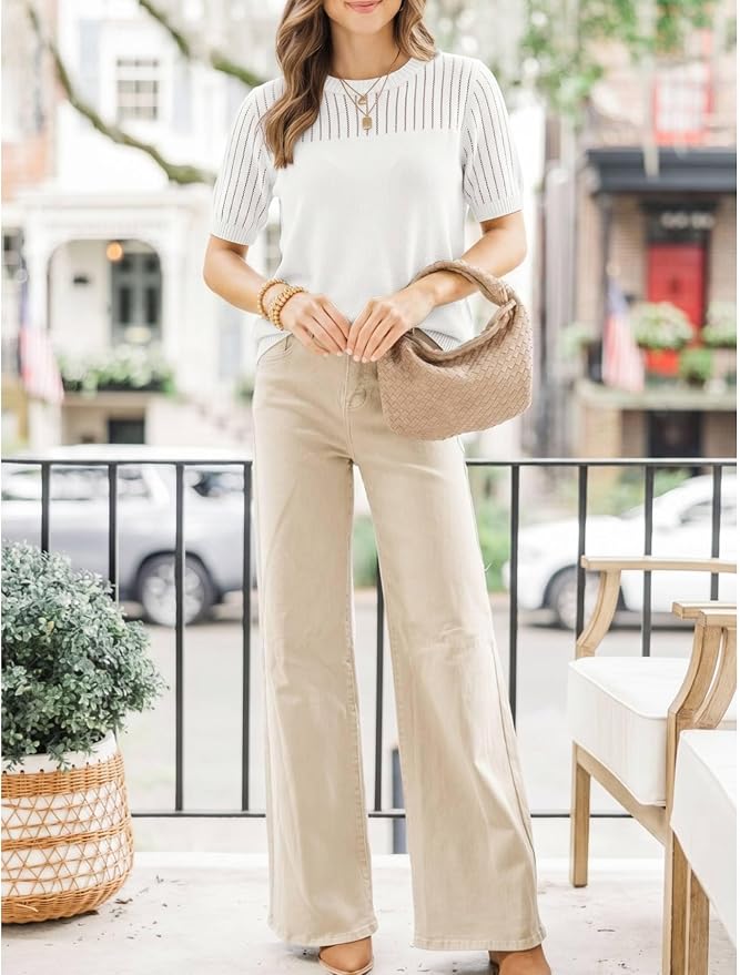 Zeagoo Women's Short Sleeve Sweater Tops 2026 Spring Summer Crew Neck Hollow Out Blouses Dressy Business Casual Outfits