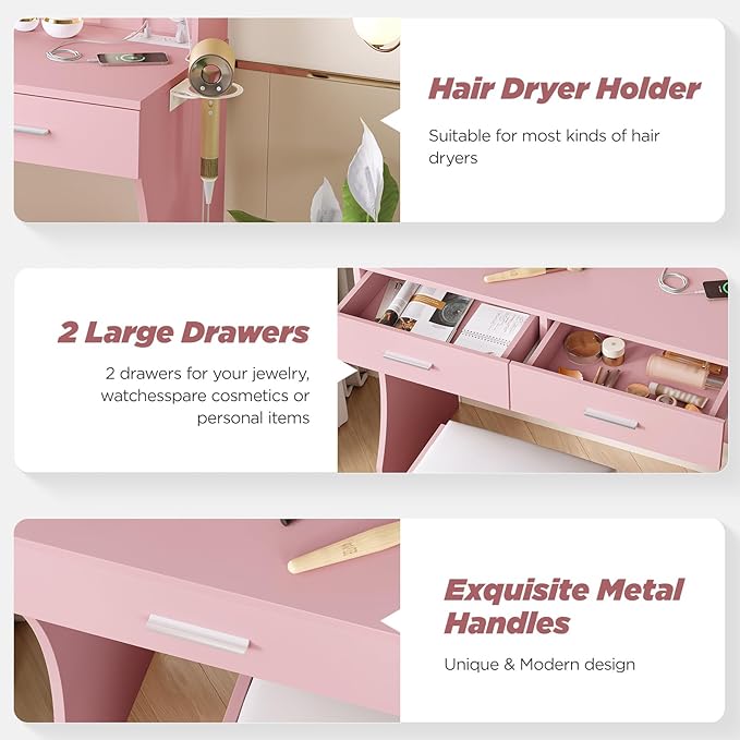 Vabches Vanity Desk with Lights,Makeup Vanity with Power Strip,Dressing Table Set with 2 Large Drawers,Vanity Mirror 3 Lighting Color Adjustable,Pink