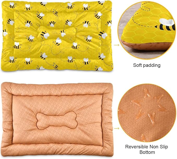 Emelivor Bees Yellow Dog Cat Bed Washable Crate Pet Bed Anti-Slip Comfortable Breathable Crate Kennel Pad for Indoor Small Medium Large Dogs Cats,36x24in