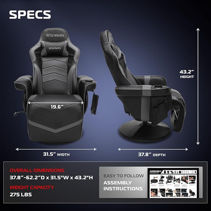 Respawn 900 Gaming Recliner Chair with Footrest, Cup Holder and Swivel | Ergonomic gaming recliner with footrest, cup holder, lumbar support, 135° recline & 360° swivel for console gaming