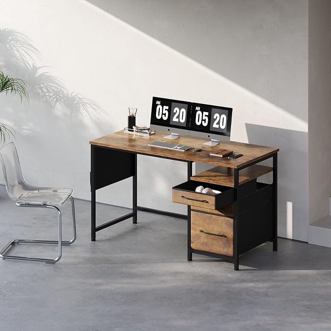 Maihail Small Desk with Drawers, Office Desk with Storage Shelves, Brown2 | 47 Inch Desktop, Metal Frame, 3 Fabric Drawers, Storage Shelves, Computer & Writing Desk, Office Gaming Workstation