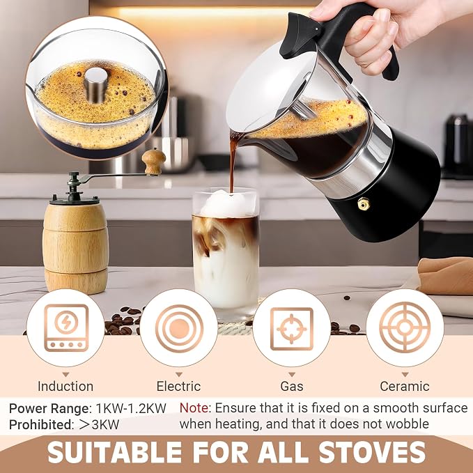 6 Cup 300ml Glass Moka Pot, Stovetop Espresso Maker, Black | Crystal Glass-top & Stainless Steel Coffee Maker, Induction Compatible, for Greca de Cafe, Cuban and Italian Coffee Brewing