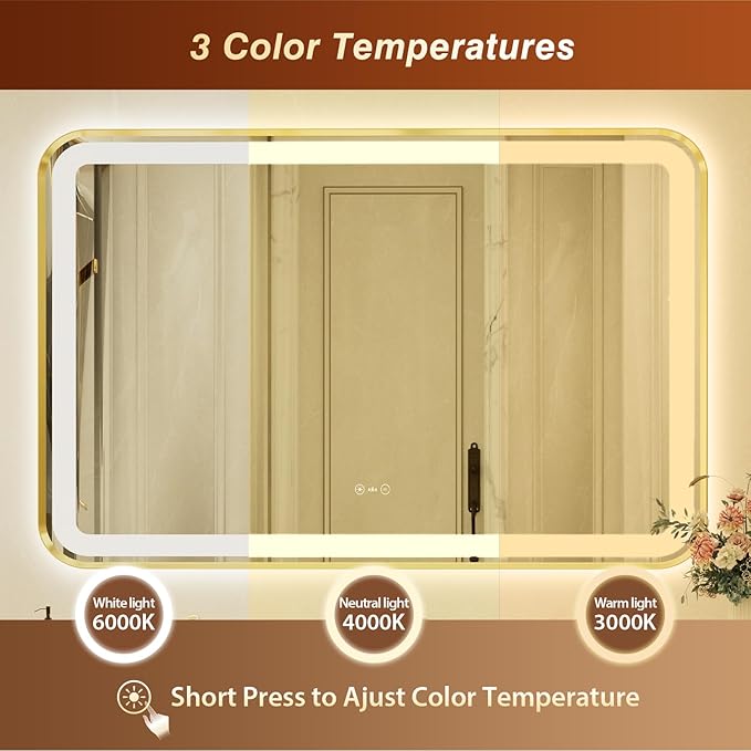 32x55 Inch Gold Framed LED Bathroom Mirror with Lights,Smart Bathroom Mirror,Motion Sensor,Tempered Glass,Anti-Fog,Stepless Dimmable & 3 Colors,Memory,Vanity Mirror for Wall