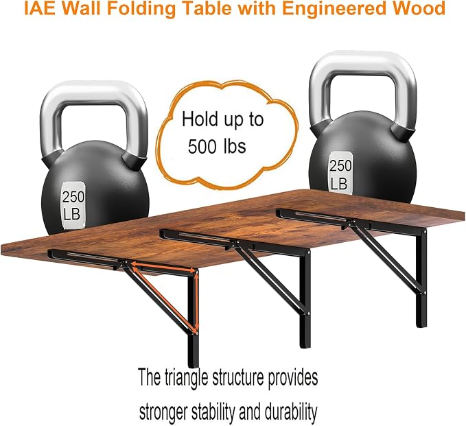 IAE 48x22in Floating Fold Desk,Wall-Mounted Folding Computer Table,Rustic | Study Table with Shelf Brackets,Foldable Down Shelf with Engineered Wood,Fold Computer Desk for Small Apartment,Holds 506 lb