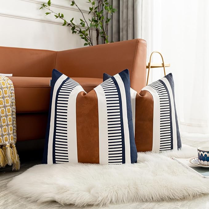 Pack of 2 Farmhouse Decorative Throw Pillow Covers for Couch Sofa Faux Leather and Cotton Patchwork Pillow Cover Boho Stripe Accent Cushion Cover 18 x 18 Inch, Navy Blue