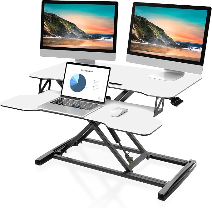 FITUEYES Height Adjustable Standing Desk 32” Wide Sit to Stand Converter Stand Up Desk Tabletop Workstation for Laptops Dual Monitor Riser White SD308003WW
