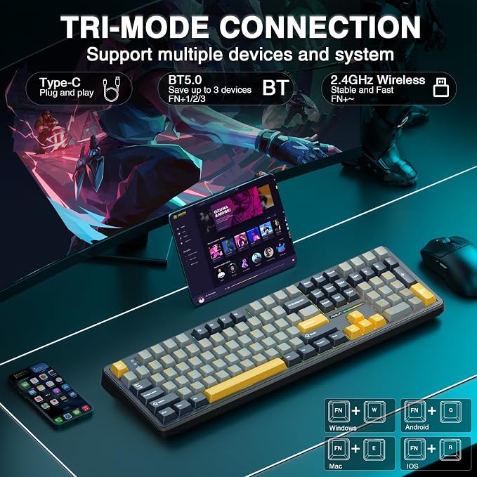 AULA F108 Wireless Mechanical Keyboard, BT5.0/USB-C/2.4GHz Hot Swappable Custom Gaming Keyboards, PBT Keycaps, Pre-lubed Switches, RGB Backlit Full Size Creamy Keyboard with Number Pad, 108 Keys