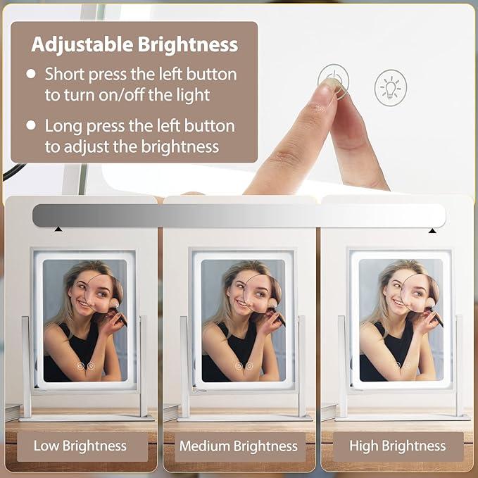 Vanity Mirror with Lights, Hollywood Makeup Mirror, Touch Control, 3 Color Lighting Modes, Dimmable, Detachable 10X Magnification Mirror, 360 Rotation (16in, White)