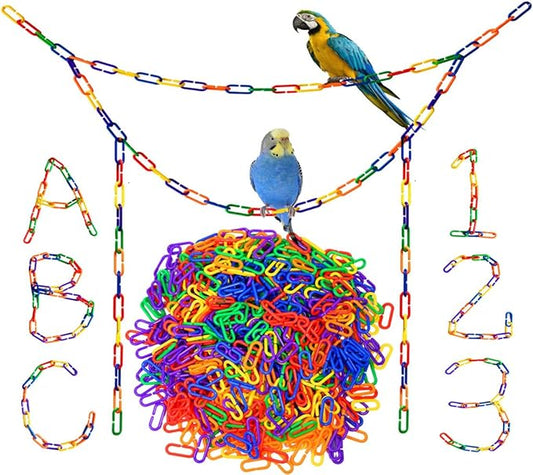 600-Piece Rainbow Plastic Chain Links & Toys - Interlocking C-Clip Bird Cage Accessories for Parakeets, Sugar Gliders, Small Pets (Climbing/Swinging Toys)