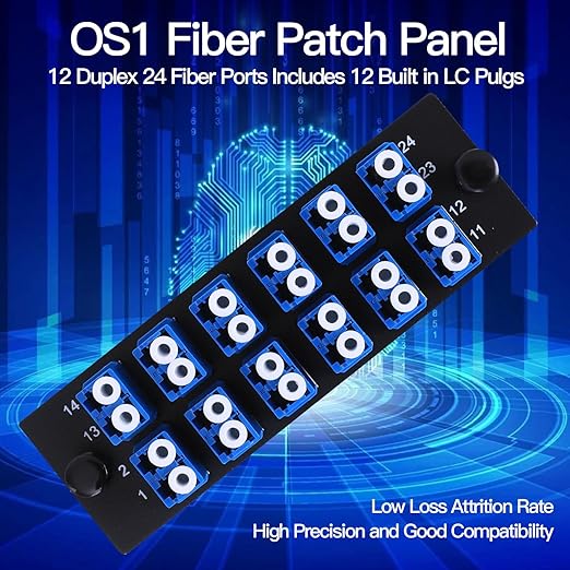 VFLTOOL 12 Duplex LC Adapters LGX Footprint Fiber Patch Panel Loaded 24 Fiber Ports Couplers Enclosure - LC UPC Blue Compatible with SingleMode Multimode|1.25G/10GB OS1-2/OM3
