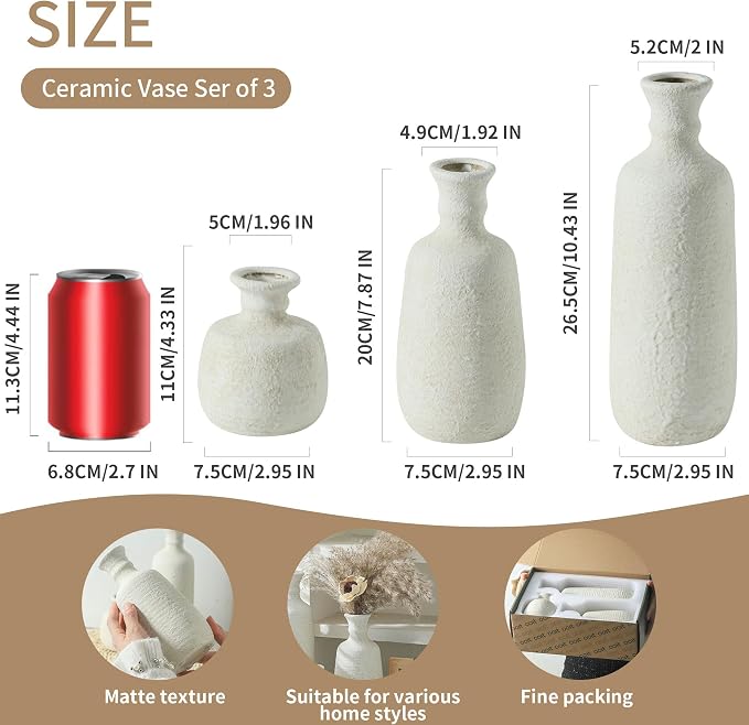 Ceramic Vase Set of 3, Neutral Rustic Vases Home Decor Farmhouse Decorative Vase Whitewashed Pottery Decor Boho Modern for Table Mantel Entryway Bookshelf Living Room Kitchen Bathroom Bedroom - White