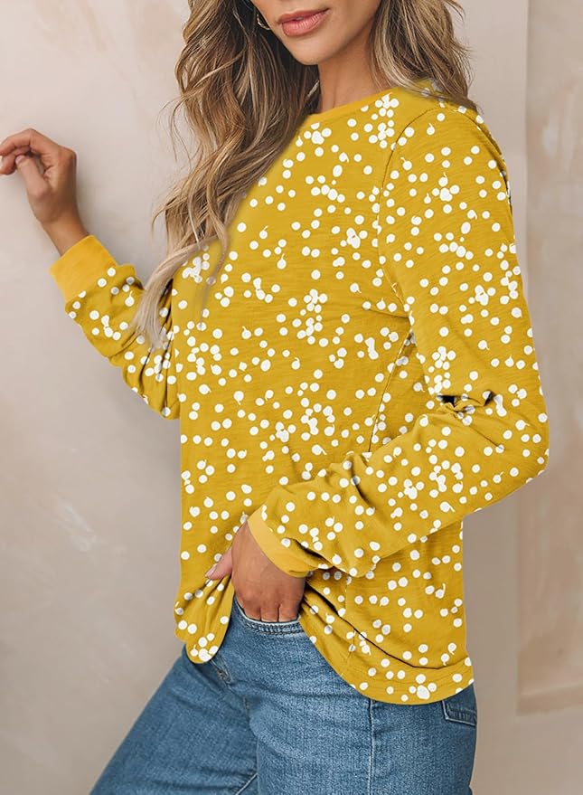 EVALESS Womens Crewneck Long Sleeve Tops Casual Polka Dots Tops Fall 2026 Tshirts Shirts