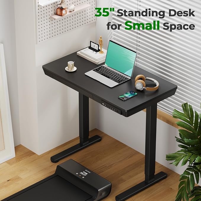 35" Electric Standing Desk with Drawer, 4 Lockable Wheels | Height Adjustable Quick Install One-Piece Tabletop with USB Charging Port, Small Sit to Stand up Desk for Home Office, Black