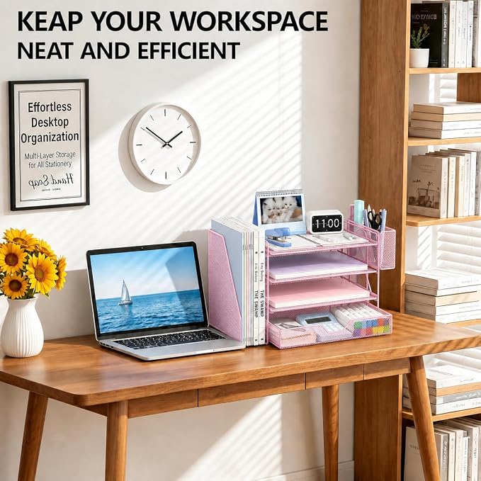 OPNICE Desk Organizers and Accessories, 4-Tier Desktop File Organizer with Drawer and Pen Holders, Office Desk Accessories Workspace Organizers for Office Supplies (Pink)