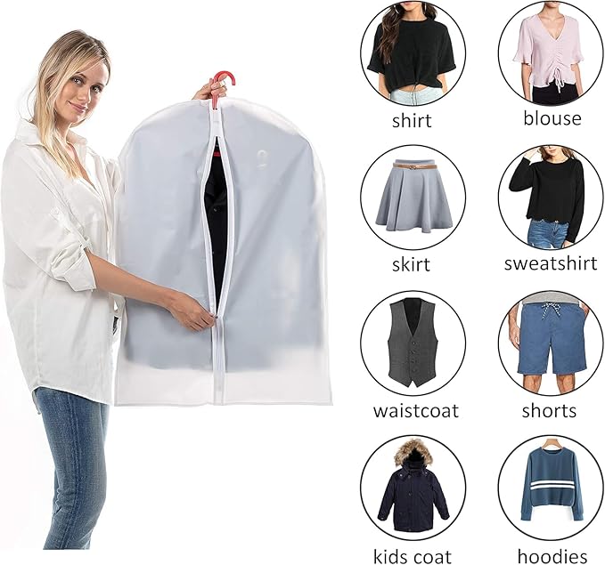 12 Pack Shirt Garment Bags (24x36") - Dustproof Short Suit Covers - Durable PEVA Closet Bags with Sturdy Zipper for Blouses, Jackets, Sweaters & T-Shirts (Translucent)