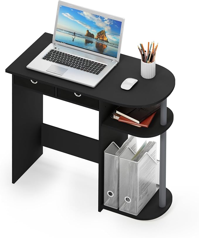 Furinno Go Green 32-Inch Computer Desk, Office Desk with 2 Side Shelves and Storage Bins, Rectangular Home Office Desk, Gaming Desk for Home Office, Bedroom, Study Room, Classic Black