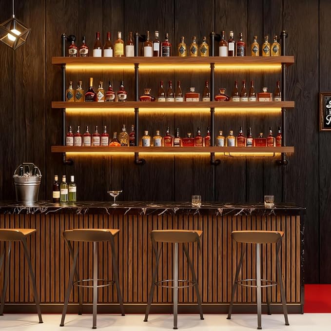 31.4in Wall Mounted Wine Rack with LED Light Solid Wood | 3-Tiers Liquor Bottles Floating Shelves Display Storage Organizer for Home Bar & Dining Room