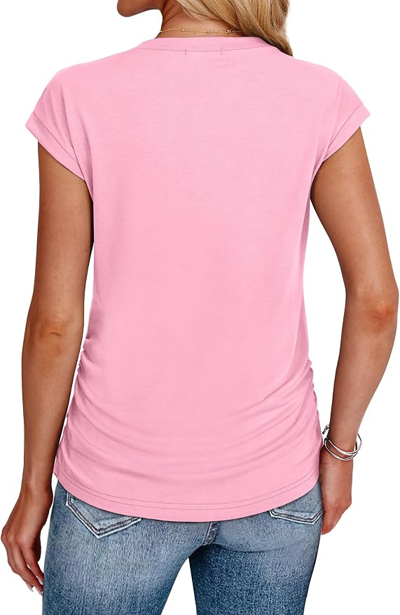 Sampeel Womens Summer Tops Trendy 2026 Ruched Cap Short Sleeve Tshirts Shirts Crew Neck T Shirts Fashion